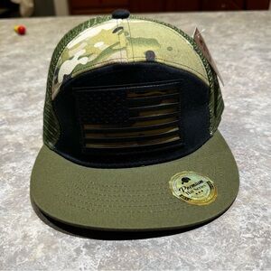 Camouflage Mesh Trucker Hat with Flag Patch - Olive Green